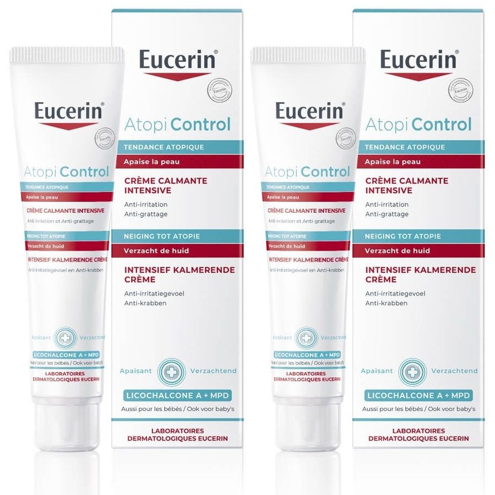 Eucerin AtopiControl Crème Calmante Intensive. Tube blanche avec texte rouge et bleu. Nom du produit et logo visibles.