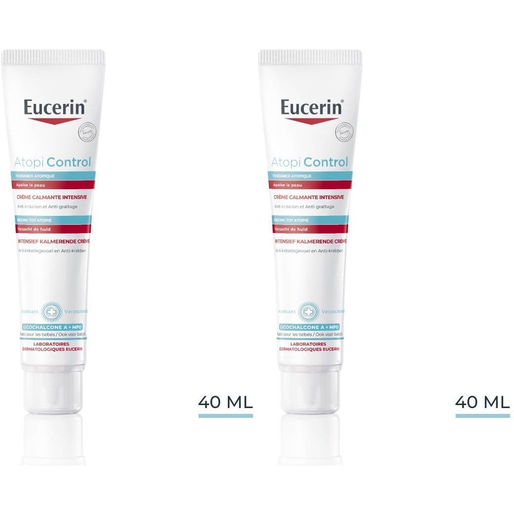 Eucerin AtopiControl Crème Calmante Intensive. Witte tube met rode en blauwe tekst. 40 ml. Productnaam en logo zichtbaar.