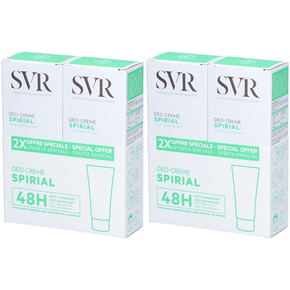 Twee dozen SVR Spirial Deo-Crème DUO. Witte verpakking met groene accenten. Tekst: SVR, Spirial, 48H, Offre Spéciale.