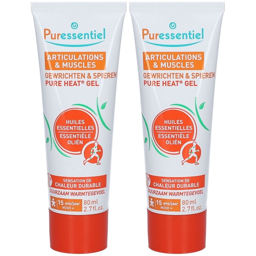 Deux tubes de gel. Blanc, orange et vert. Inscription: Articulations & Muscles, Pure Heat Gel. 80 ml.
