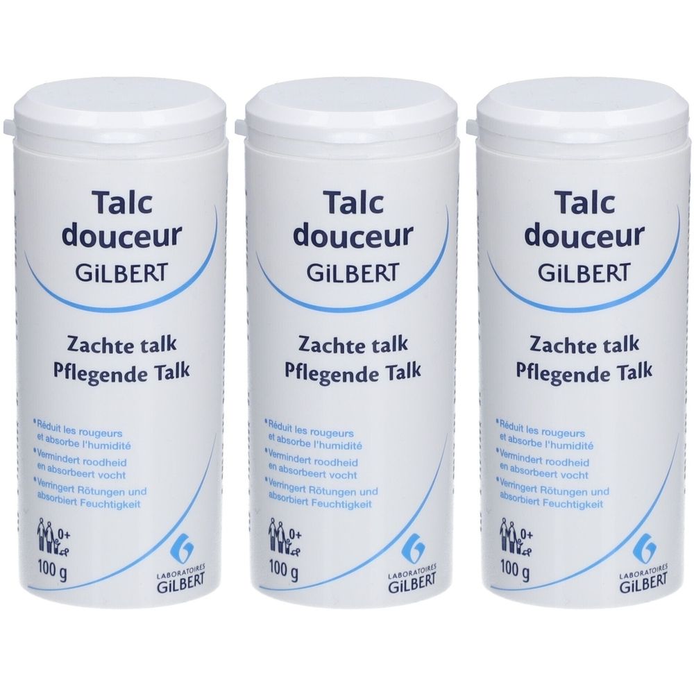 Trois boîtes de talc blanches avec texte bleu. Inscription : Talc douceur GILBERT, Zachte talk Pflegende Talk. 100 g.