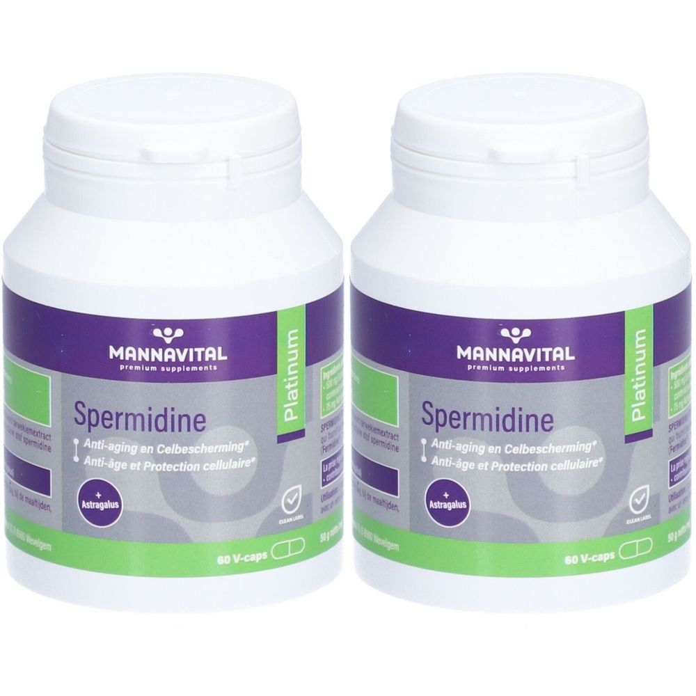 Deux flacons blancs avec étiquettes violettes et vertes.  Les étiquettes indiquent "MANNAVITAL Spermidine Platinum".
