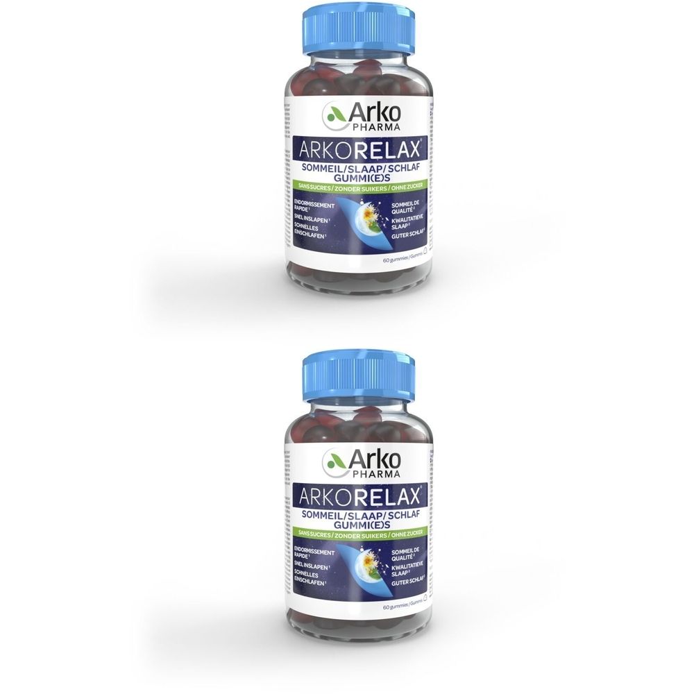 Twee flessen Arkorelax Gummies. Elke fles heeft een blauwe dop en bevat gummies. Opschrift: Arkorelax.