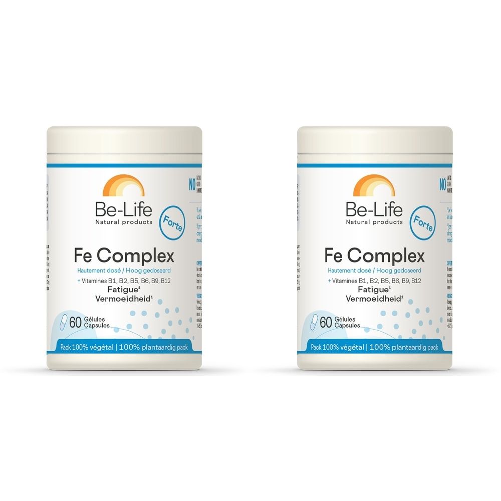 Twee witte potten met "Be-Life Fe Complex". Bevatten 60 capsules. Opschriften: "Forte", "Fatigue", "Vermoeidheid".
