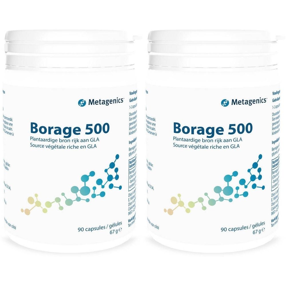 Twee witte potten met "Borage 500" en Metagenics logo. Tekst: 90 capsules/gélules. Plantaardige bron rijk aan GLA.