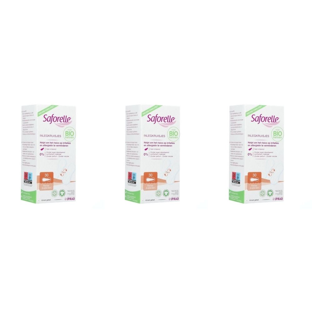 Trois boîtes de Saforelle Protège Slips Coton Bio. Design vert et blanc avec informations et logo. Certification bio.