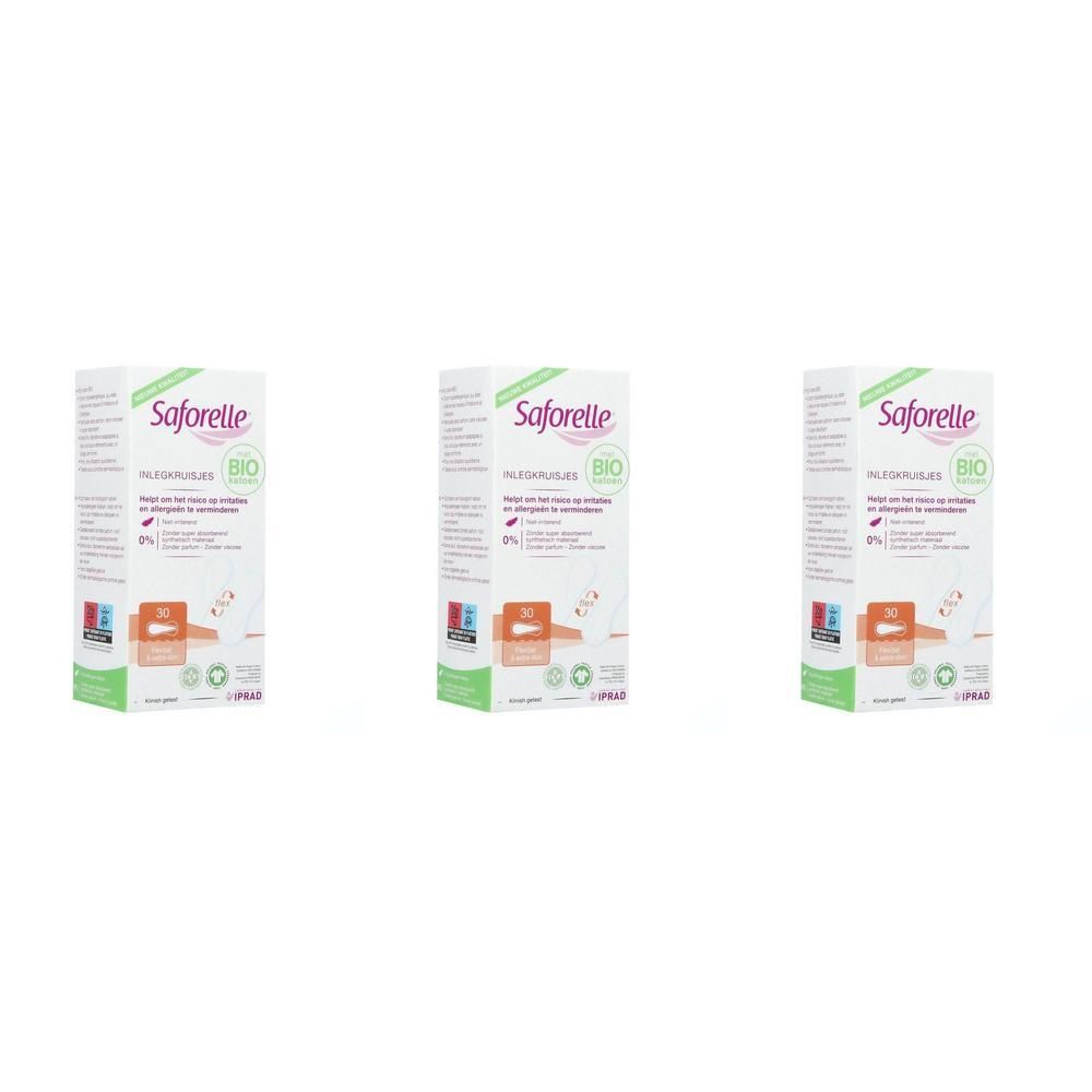 Drie dozen Saforelle® Protège Slips Coton Bio. Groene en witte verpakking met logo en productinformatie.