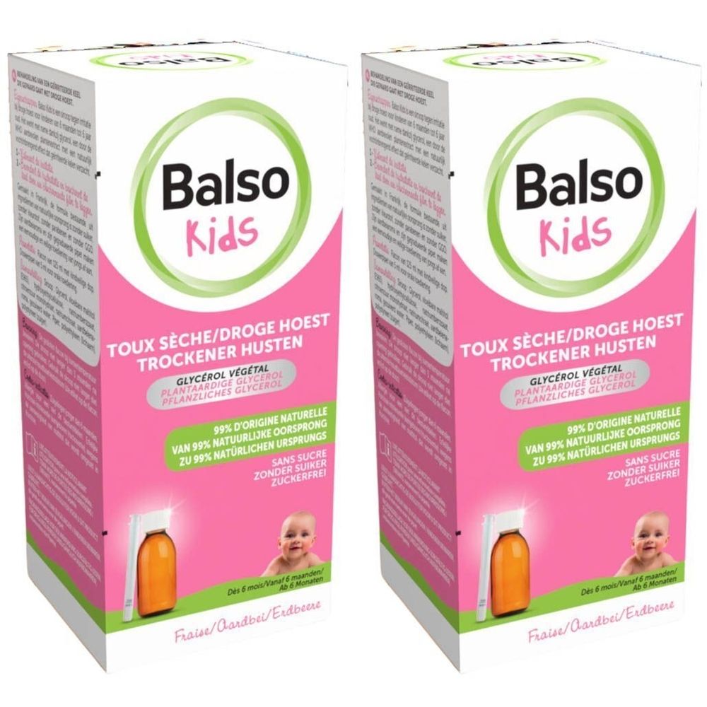 Twee roze dozen Balso Kids. Opschrift: Toux sèche/Droge hoest. Flesje vloeistof en baby. 99% natuurlijke oorsprong.