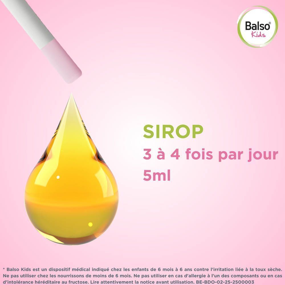 Goutte de sirop jaune. Texte: SIROP, 3 à 4 fois par jour, 5ml. Fond rose.