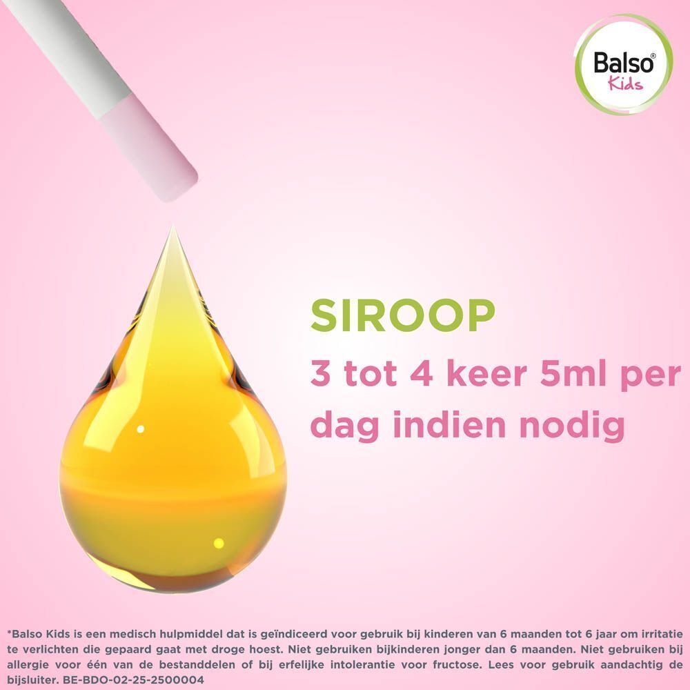 Gele druppel hoestsiroop. Tekst: SIROOP, 3 tot 4 keer 5ml per dag indien nodig. Roze achtergrond.