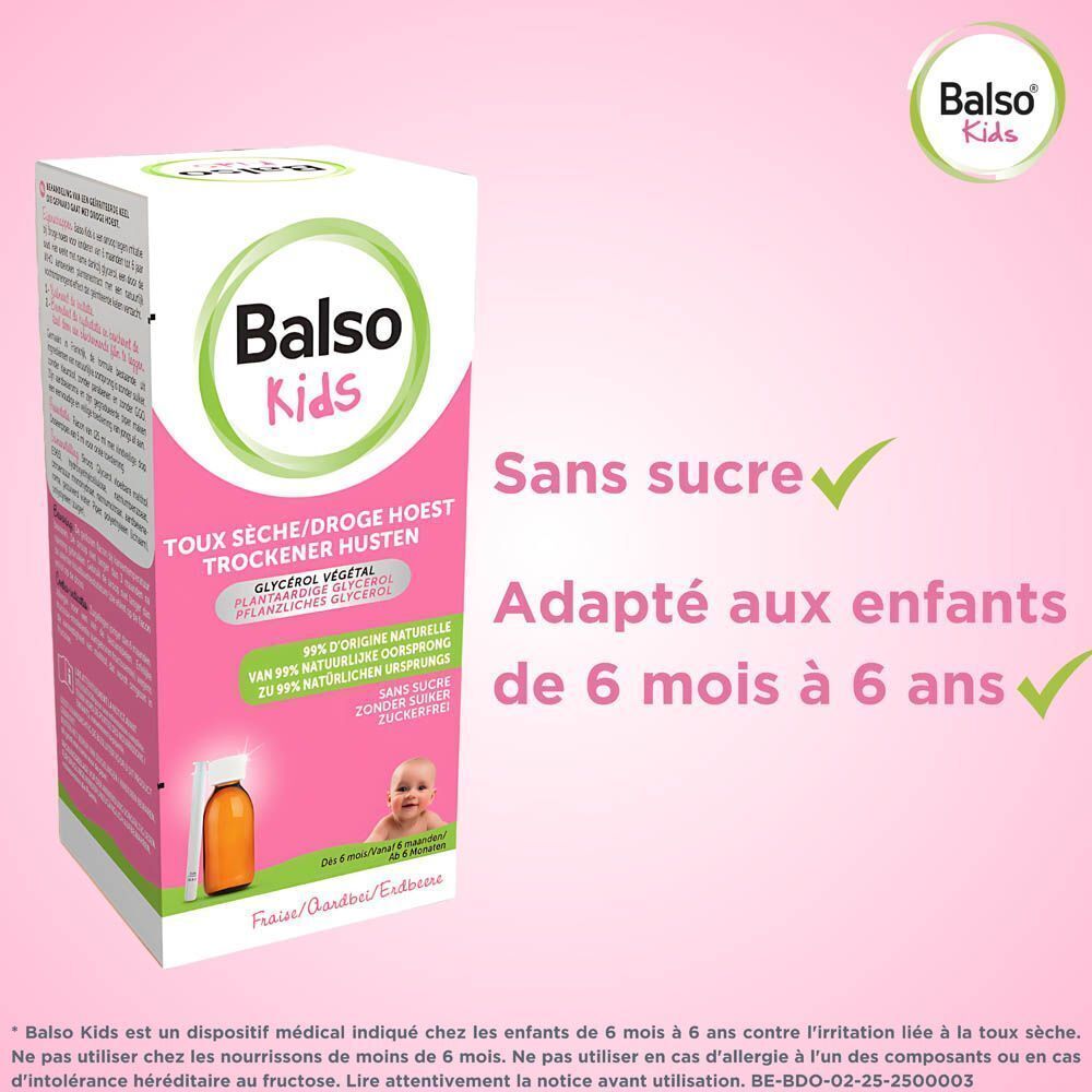 Emballage du produit. Texte: Sans sucre, Adapté aux enfants de 6 mois à 6 ans. Fond rose.