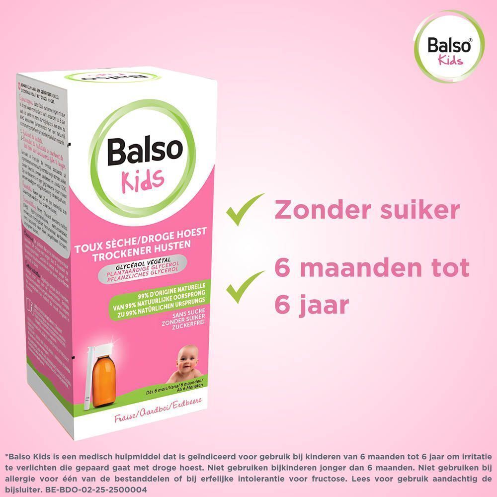 Productverpakking. Tekst: Zonder suiker, 6 maanden tot 6 jaar. Roze achtergrond.