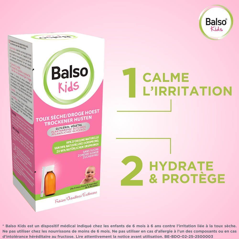 Emballage du produit. Texte: 1 Calme l'irritation, 2 Hydrate & Protège. Fond rose.