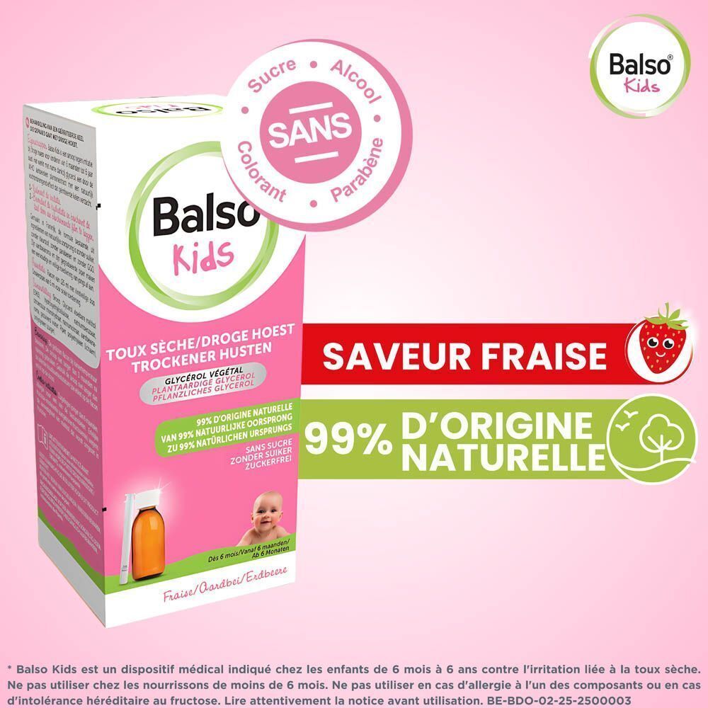 Emballage du produit. Texte: Saveur Fraise, 99% d'origine naturelle. Sans sucre, alcool, parabène.