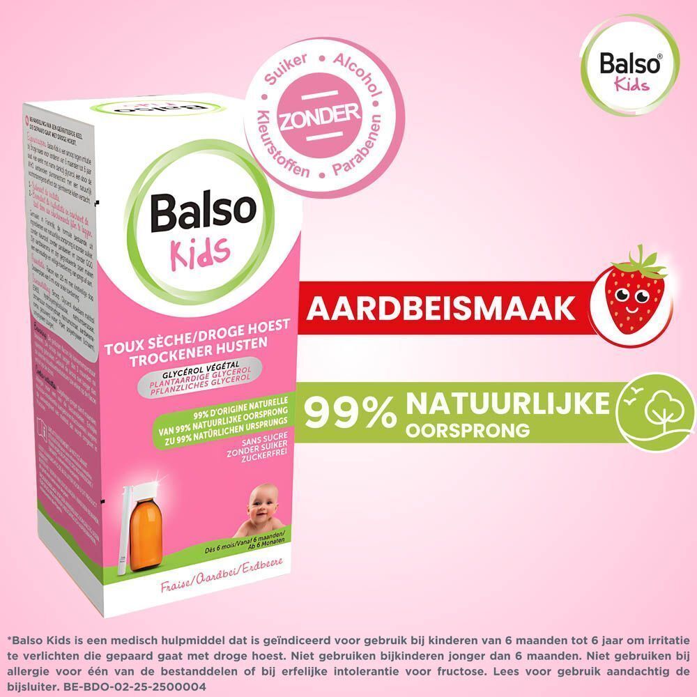 Productverpakking. Tekst: Aardbeiensmaak, 99% natuurlijke oorsprong. Zonder suiker, alcohol, parabenen.