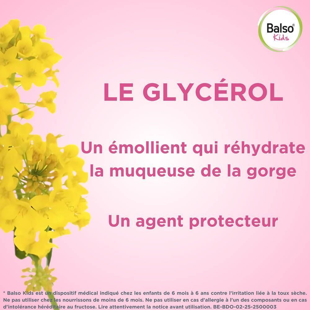 Fleurs jaunes et texte: Le Glycérol, Un émollient qui réhydrate la muqueuse de la gorge. Fond rose.
