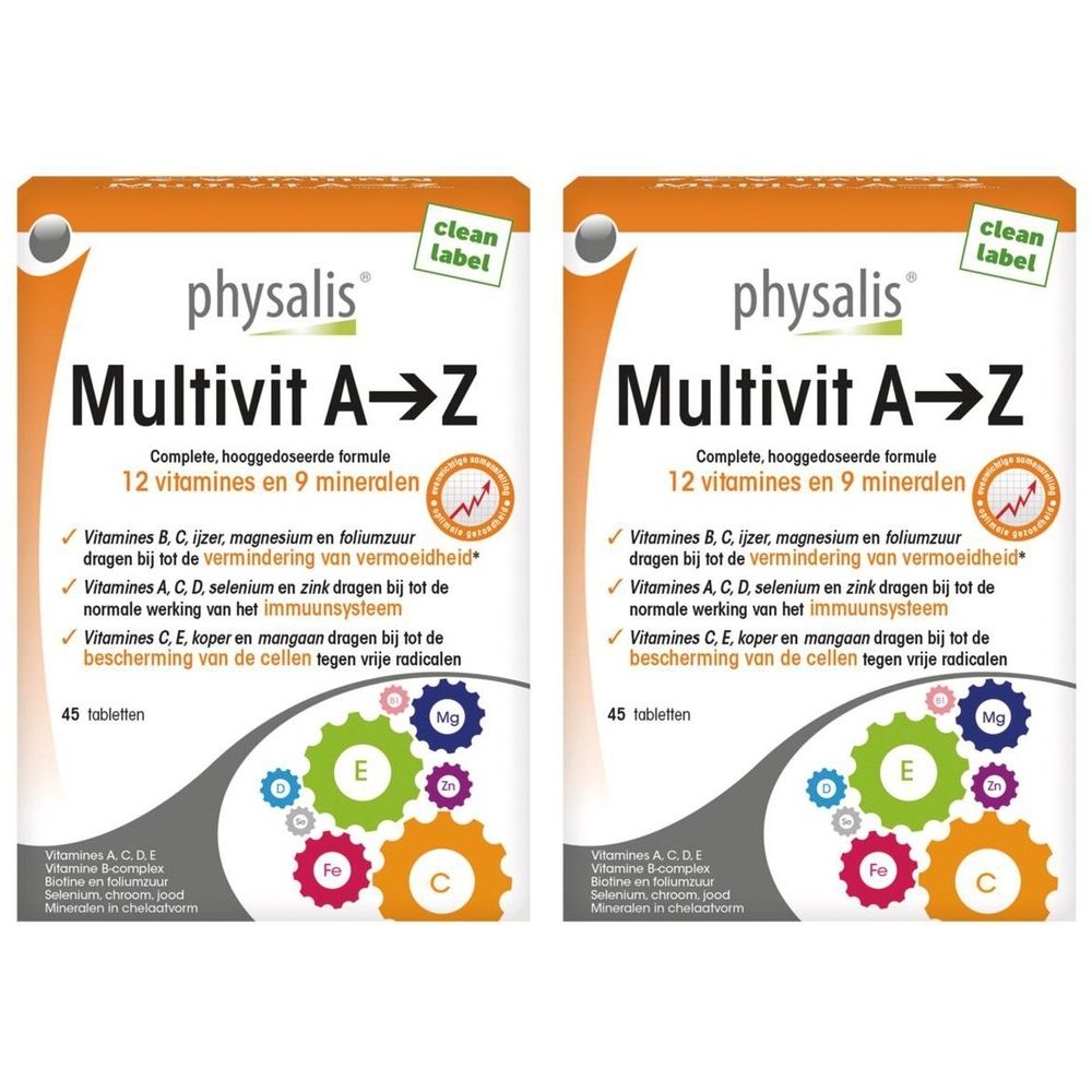 Twee dozen Physalis Multivit A-Z. Witte dozen met naam en info. 45 tabletten.