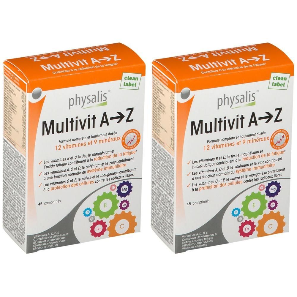 Twee dozen Physalis Multivit A➔Z. Oranje verpakking met naam en details. Bevat 45 tabletten.
