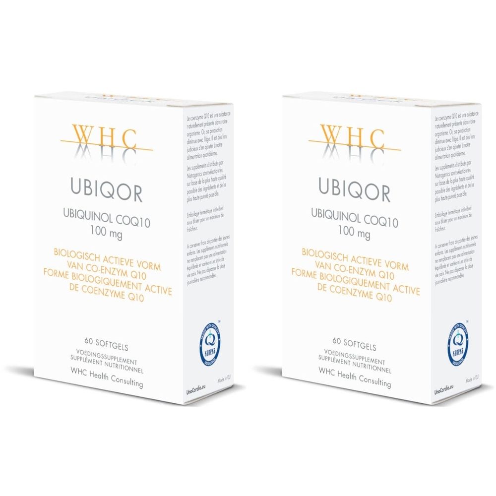 Twee witte dozen met de tekst UBIQOR, UBIQUINOL COQ10 100 mg. Opschriften in meerdere talen.