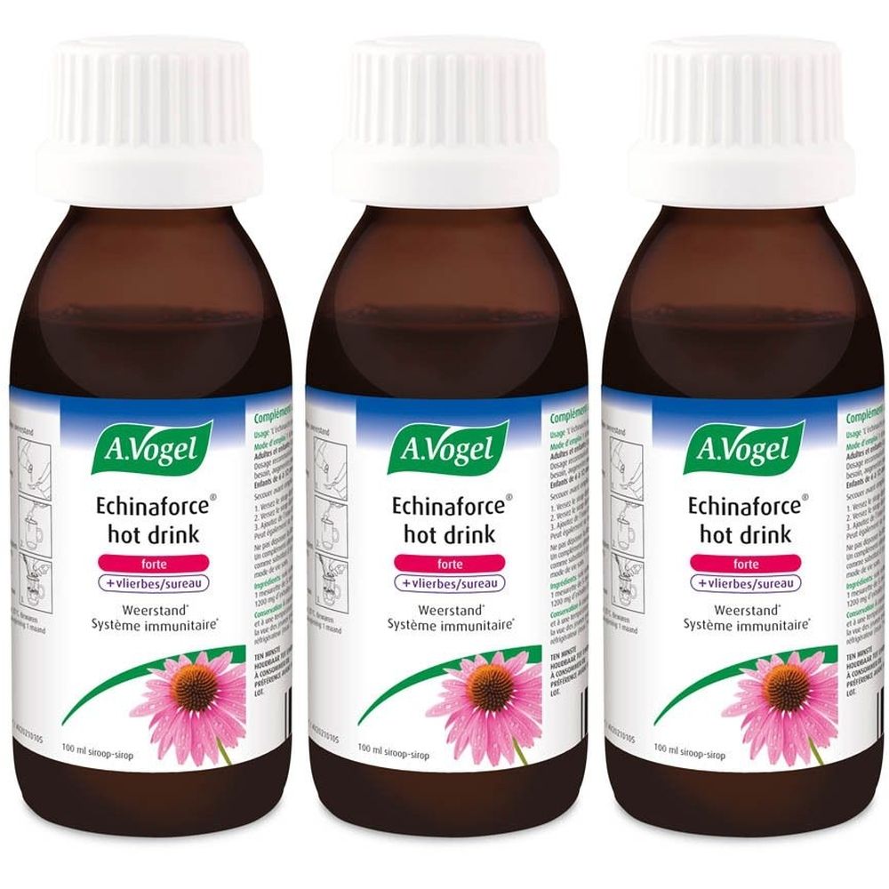 Drie flessen A.Vogel Echinaforce Hot Drink. Bruine glazen flessen met witte dop. Etiket met productnaam en illustratie.