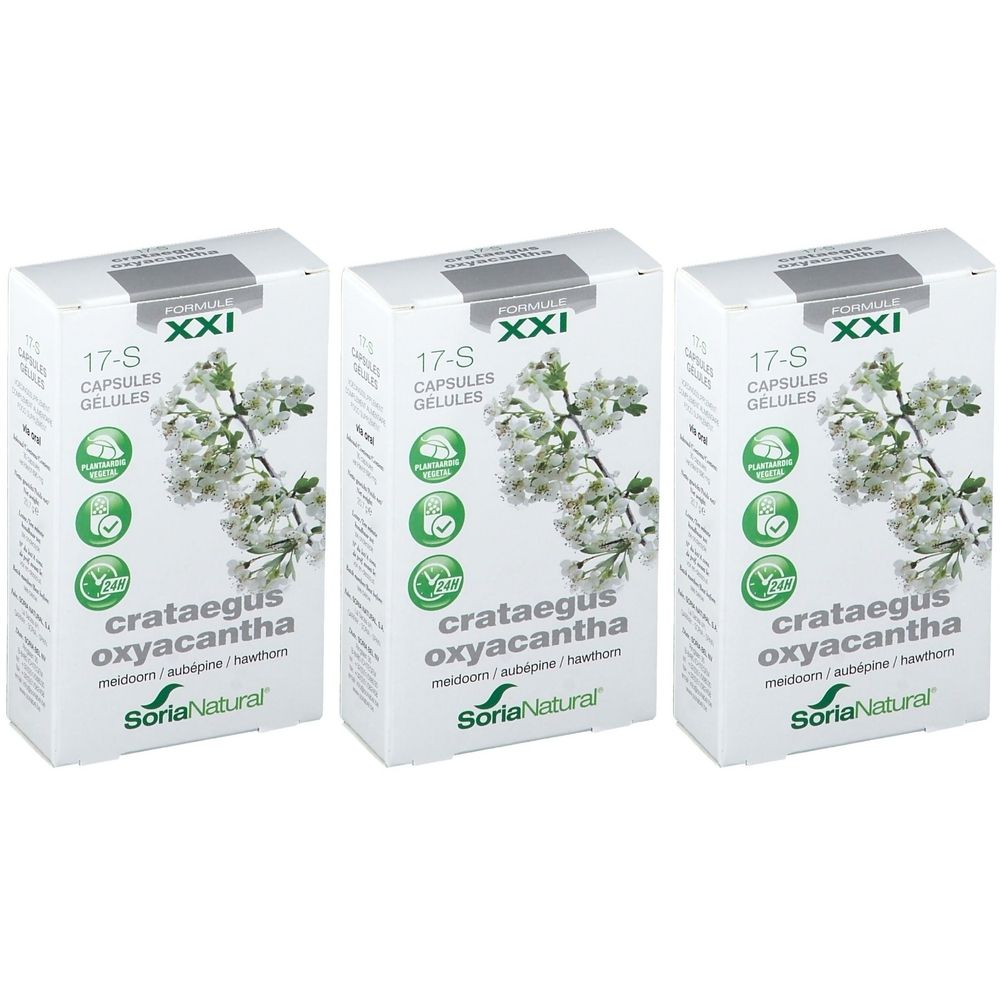 Drie dozen Crataegus Oxyacantha. De merknaam Soria Natural en de aanduiding 17-S zijn zichtbaar op elke doos.