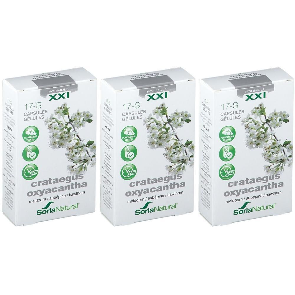 Drie dozen Soria Natural 17-S Crataegus oxyacantha. Illustratie van witte bloemen, groene logo's, productnaam en merk.