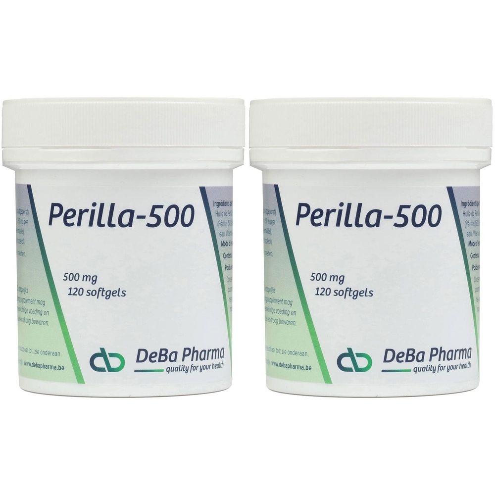 Twee witte potten met de tekst Perilla-500. Opschrift: 500 mg, 120 softgels. Logo DeBa Pharma.