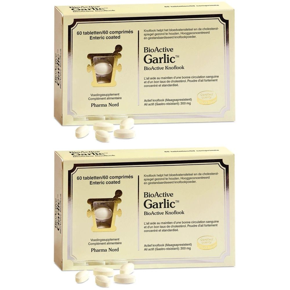 Twee dozen met tabletten. Opschrift: BioActive Garlic, 60 tabletten. Pharma Nord.