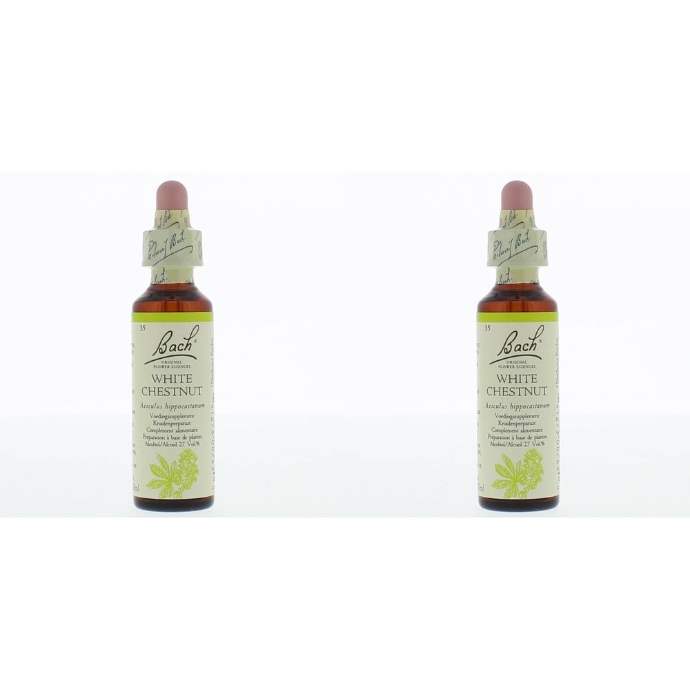 Deux flacons Bach White Chestnut. Flacons en verre brun avec étiquette et bouchon rose.