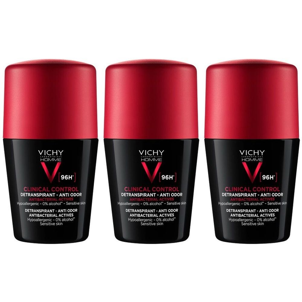 Trois déodorants roll-on. Flacons noirs avec bouchon rouge. Inscription : VICHY HOMME, CLINICAL CONTROL, 96H. Texte : Détanspirant, anti-odeur.