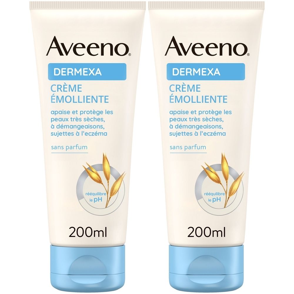Deux tubes de Aveeno Dermexa Crème Émolliente. Blanc, bouchon bleu, texte. Contient 200ml.