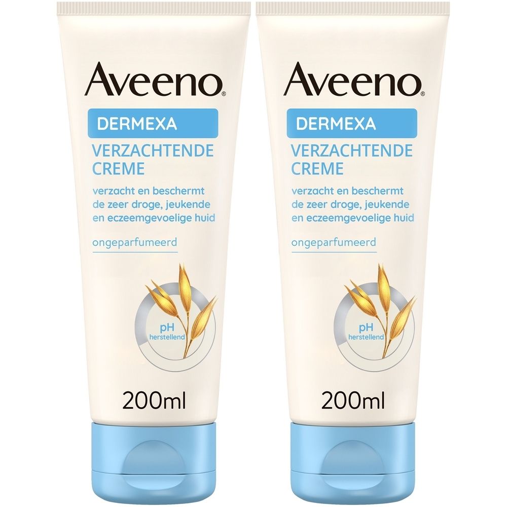 Twee tubes Aveeno Dermexa Verzachtende Crème. Wit, blauwe dop, tekst. Bevat 200ml.