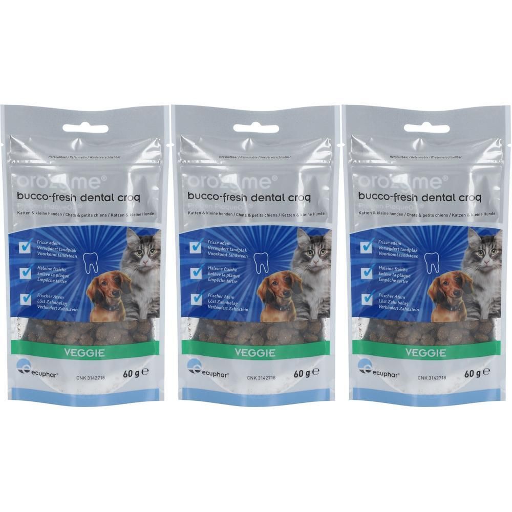 Drie zakjes Orozyme Bucco Fresh Dental Croq. Afbeelding: kat, hond, tanden, Veggie, 60 g.