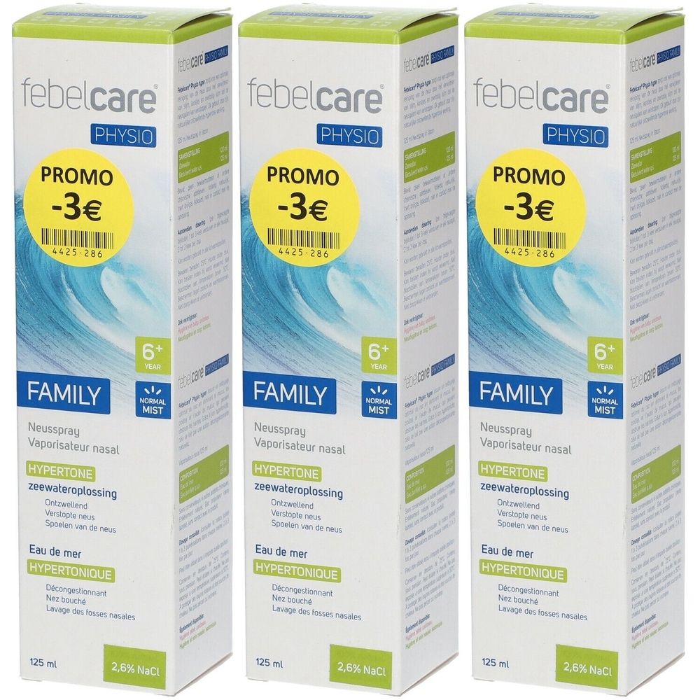 Drie dozen Febelcare Physio Family neusspray. Gele promo stickers met -3€. Blauwe golfafbeelding. Tekst in het Duits, Frans en Nederlands.