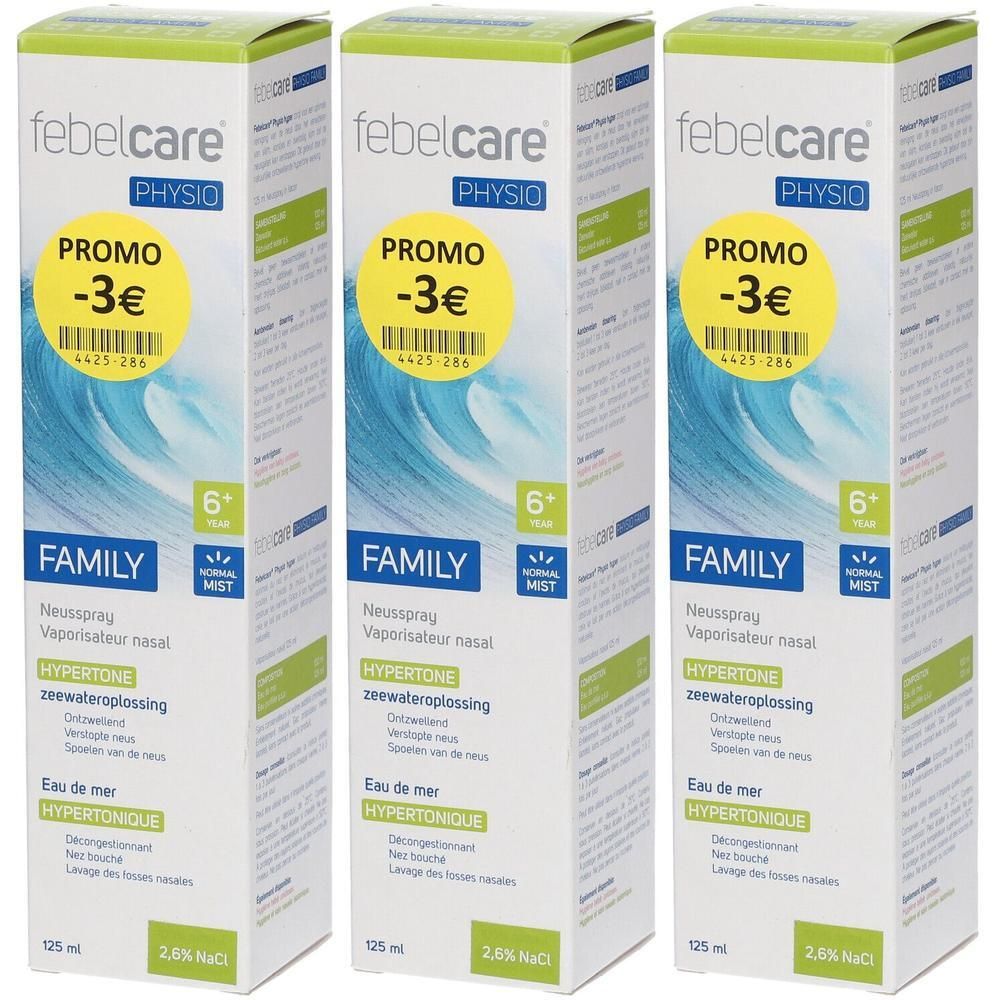 Trois boîtes de spray nasal. Emballage blanc et bleu avec nom du produit et motif vagues. Autocollant promo jaune -3€.