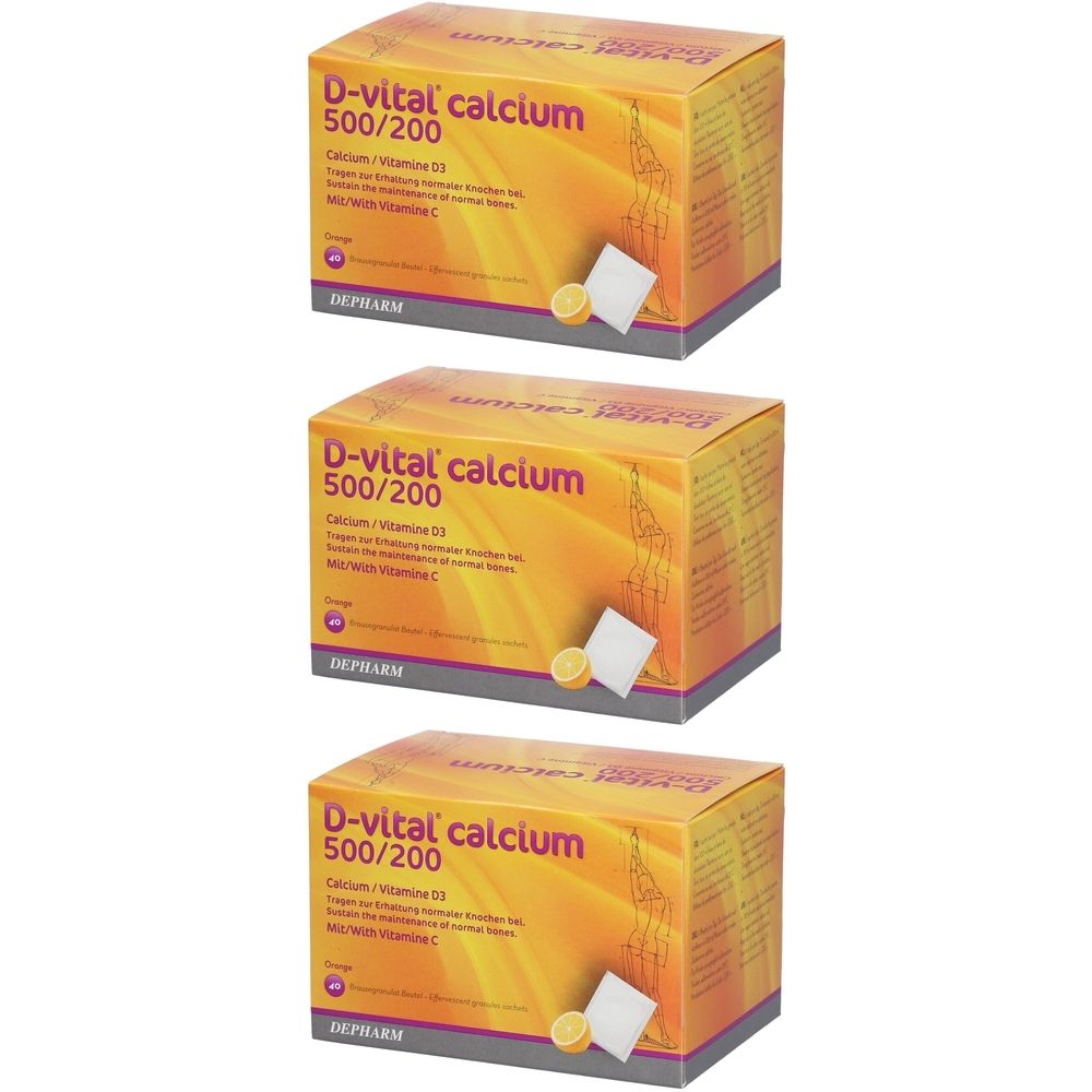 Drie dozen D-vital calcium 500/200. Opschrift: Calcium/Vitamine D3. Met vitamine C. Merk DEPHARM. Oranje achtergrond met illustratie.