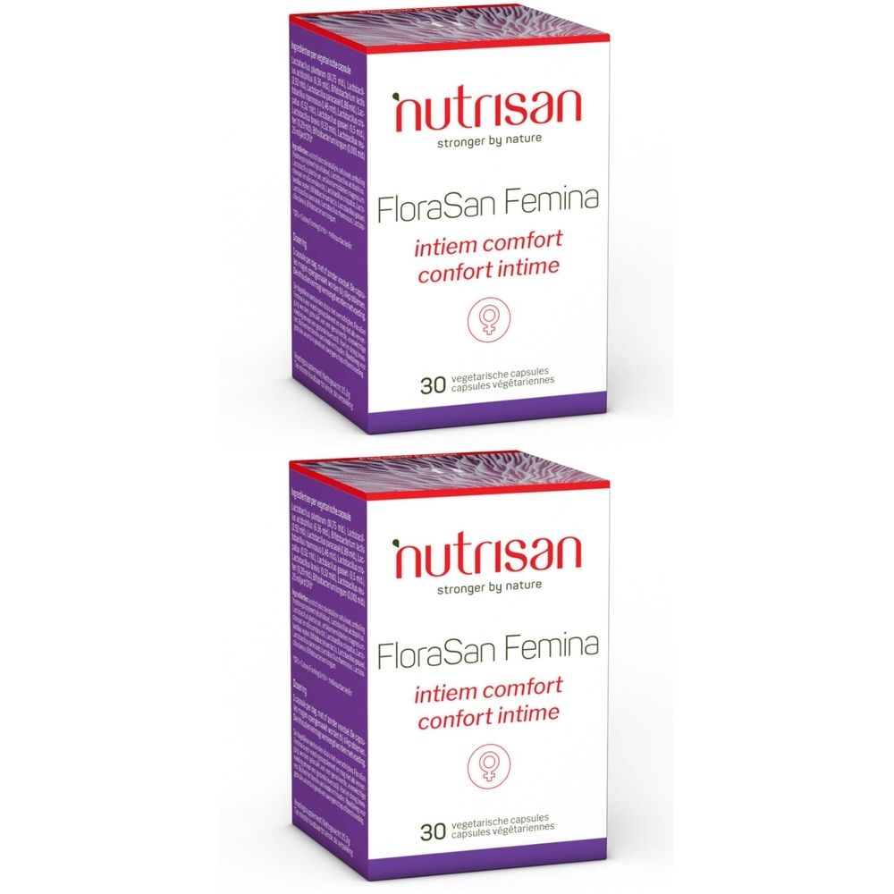 Deux boîtes de Nutrisan FloraSan Femina. Inscription : intiem comfort, confort intime. 30 gélules.