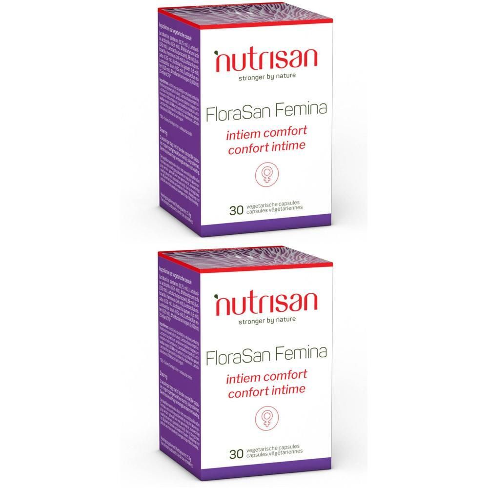 Twee dozen Nutrisan FloraSan Femina. Witte dozen met paarse accenten. Tekst: FloraSan Femina, intiem comfort, confort intime. 30 capsules.