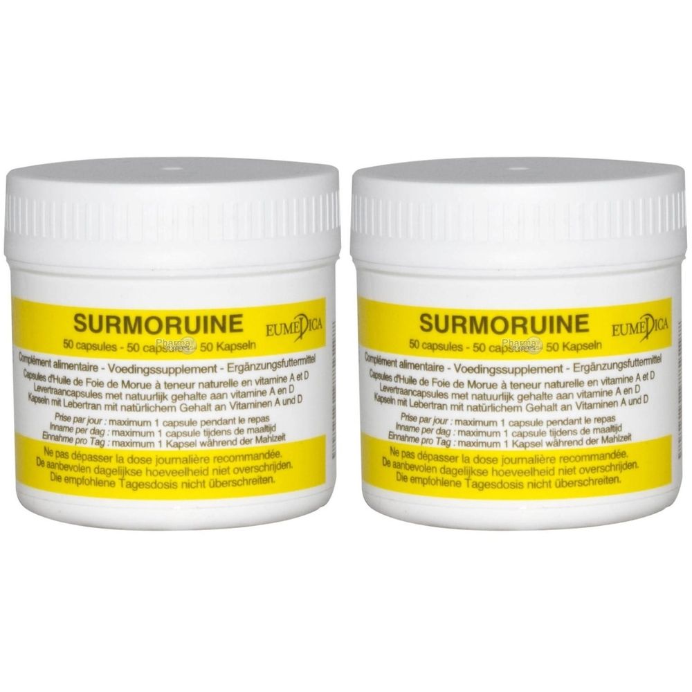 Twee witte potten met gele etiketten. Opschrift: Surmoruine, 50 capsules. Eumedica-logo. Tekst in meerdere talen.