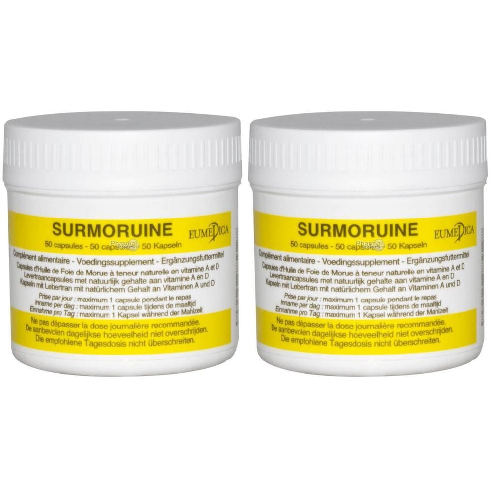 Twee witte potten met gele etiketten. Opschrift SURMORUINE, 50 capsules. EUMEDICA logo.