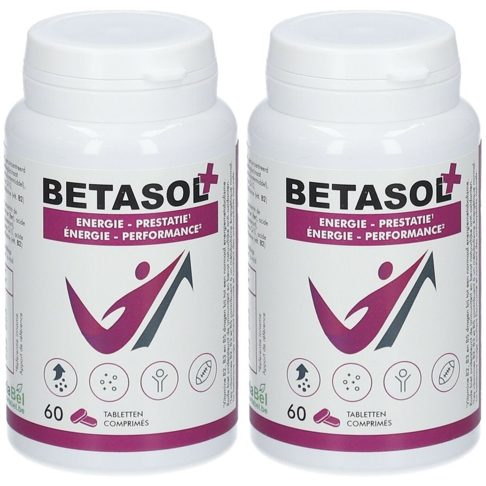 Twee witte tablettenflessen met deksels. Opschrift BETASOL, Energie-Prestatie. 60 tabletten. Afbeelding van een sporter.
