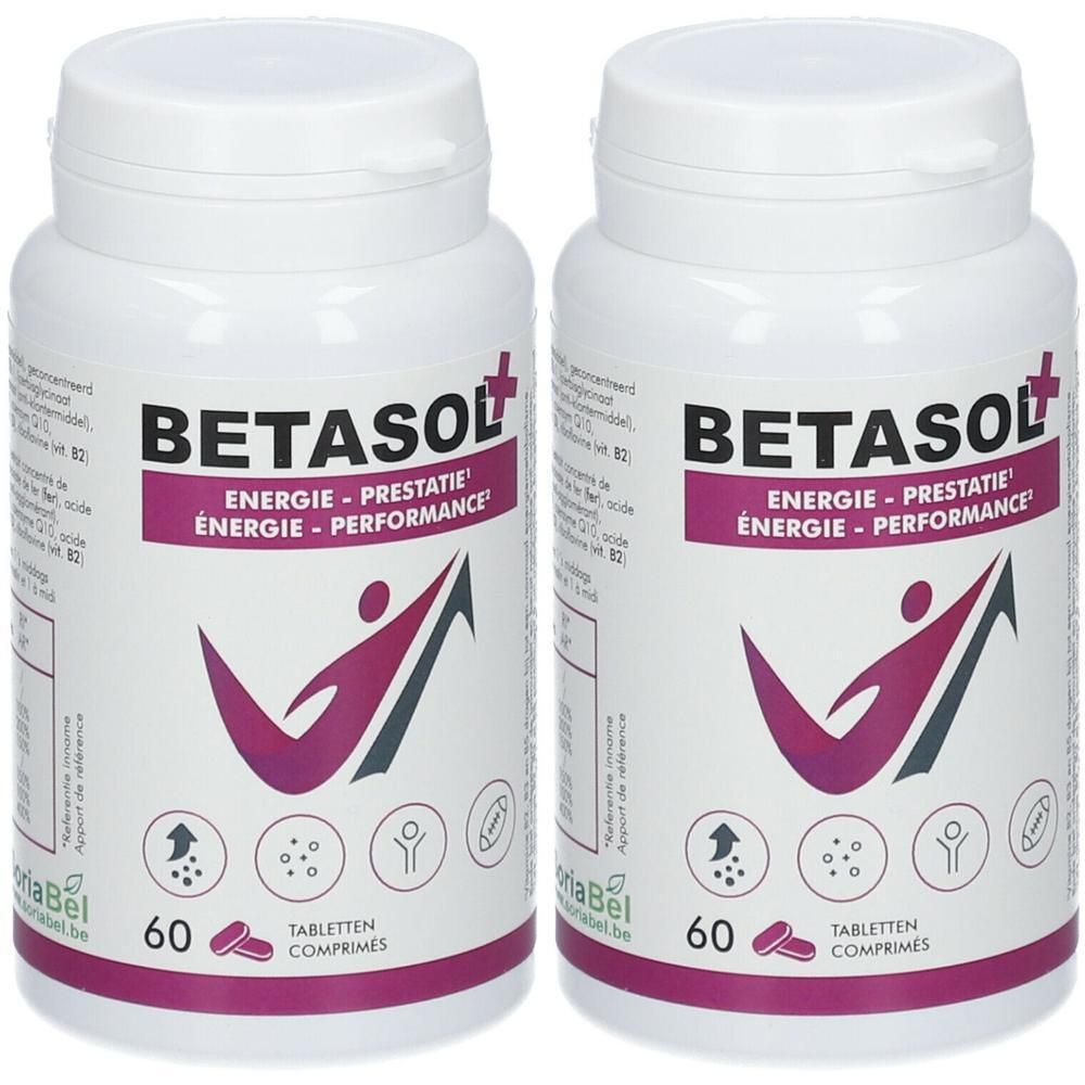 Twee witte flessen Betasol PLUS. Opschrift: Energie - Prestatie. 60 tabletten. Paarse accenten.