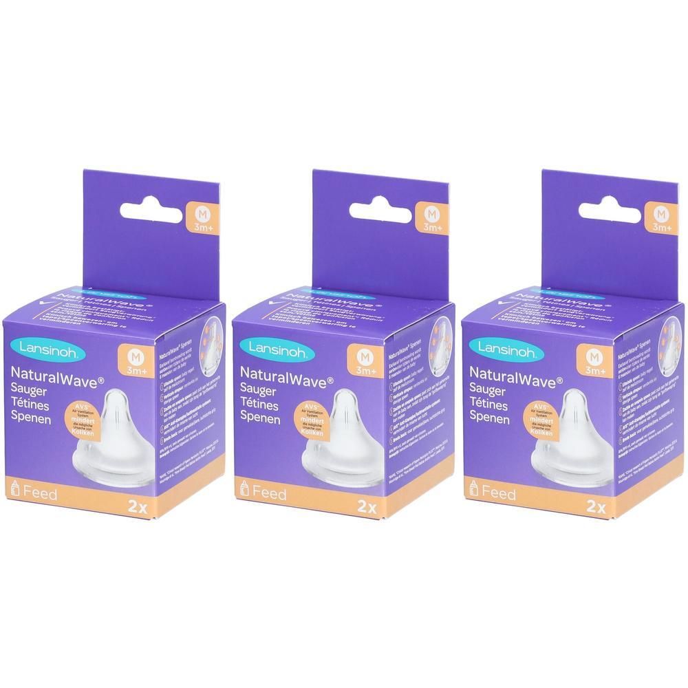 Drie verpakkingen Lansinoh NaturalWave spenen. Elke verpakking bevat twee spenen. Opschrift: "Feed".