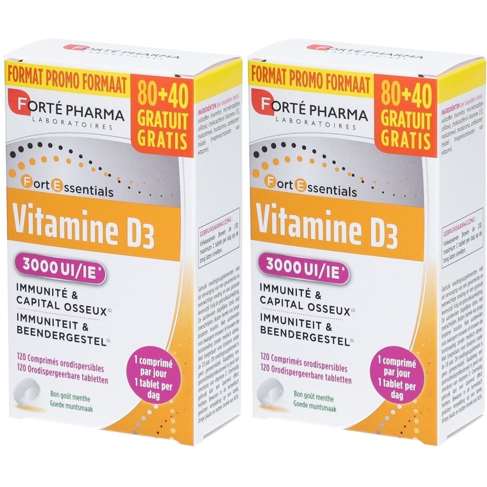 Twee verpakkingen Vitamine D3. Opschrift: Forté Pharma, Vitamine D3 3000 UI/IE, 80+40 gratis. Witte en gele verpakking.