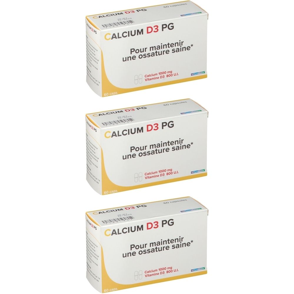 Trois boîtes de Calcium D3 PG. Inscription : Pour maintenir une ossature saine. Contient Calcium 1000 mg et Vitamine D3 800 U.I.