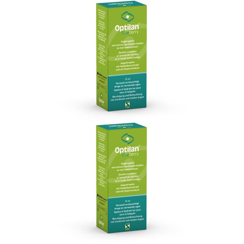Deux boîtes vertes Optilan® Blueberry. Texte: gouttes oculaires, 10 ml. Avec acide hyaluronique. Pour yeux secs, fatigués.