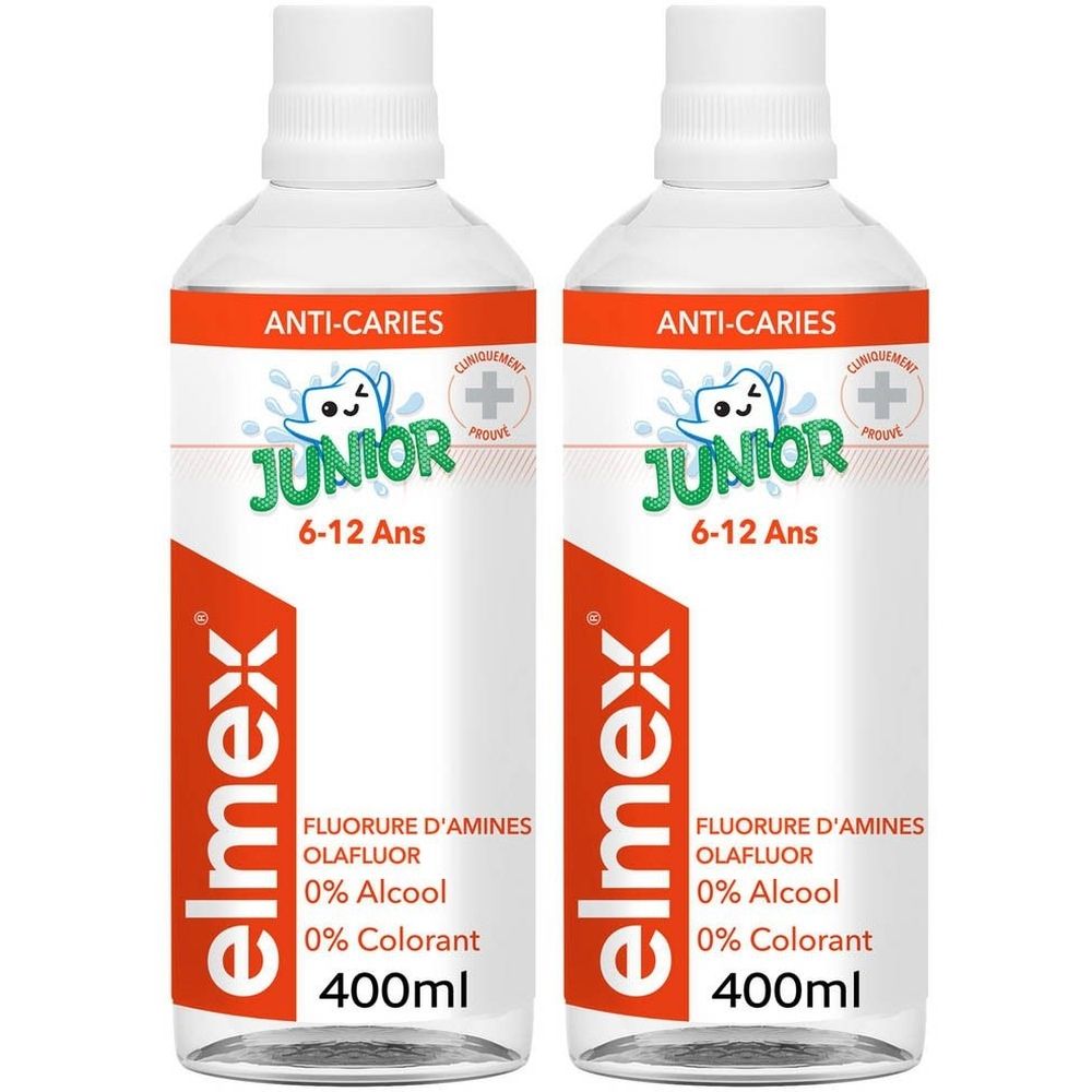 Deux flacons de bain de bouche elmex Junior. Flacons blancs avec étiquette orange. Texte: Anti-Caries, Junior, 6-12 ans, 400ml.
