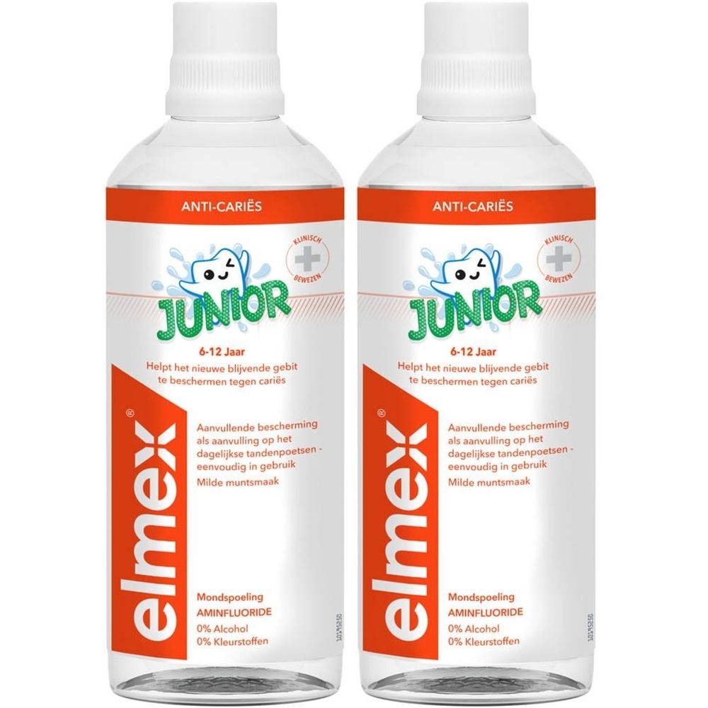 Twee flessen elmex® Junior mondspoeling. Witte flessen, oranje etiketten met productinformatie en logo.
