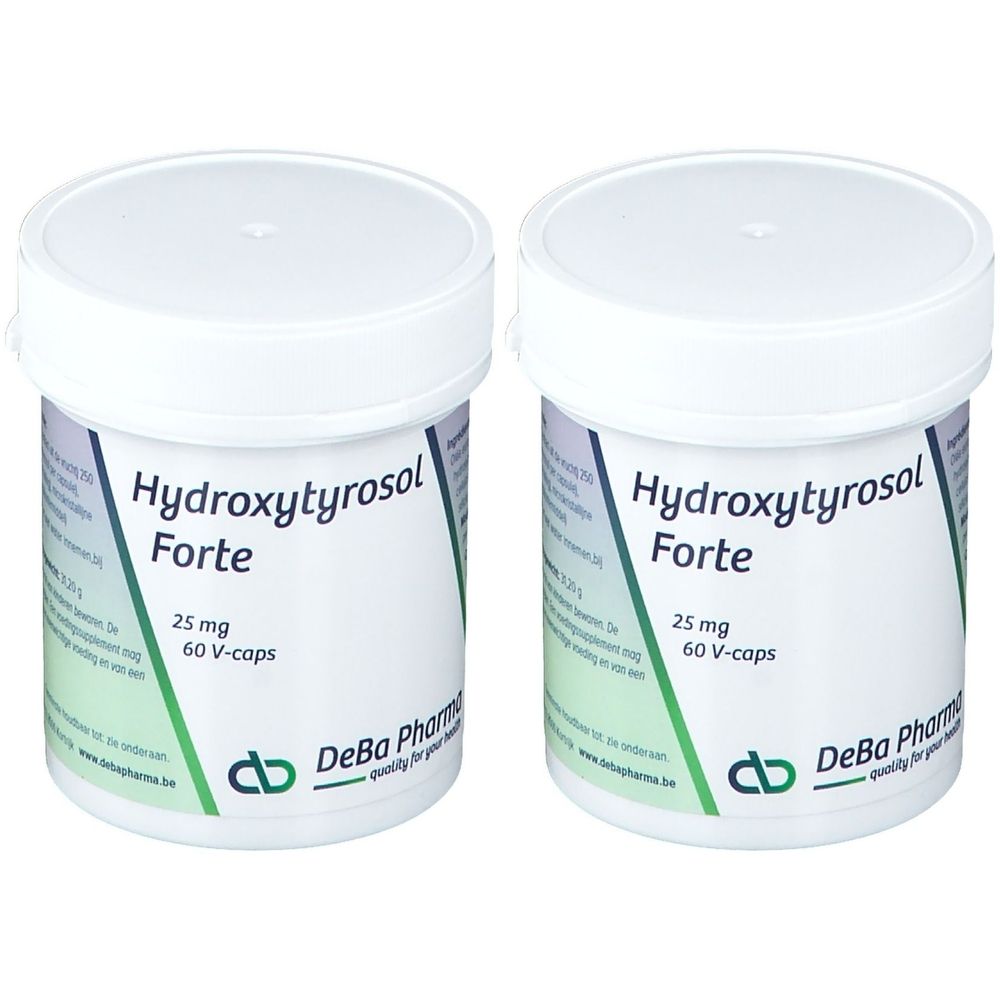 Deux pots blancs avec couvercles. Inscription: Hydroxytyrosol Forte, 25 mg, 60 V-caps. Logo et nom: DeBa Pharma.