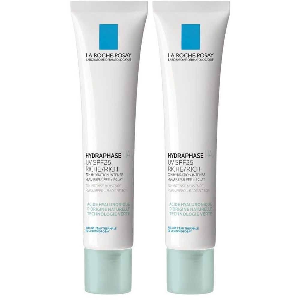 Twee tubes La Roche-Posay Hydraphase HA Riche SPF25. Witte tubes met blauwe tekst en lichtblauwe dop.